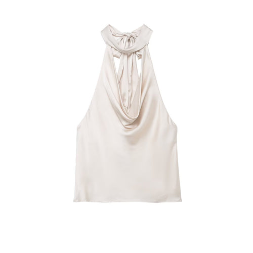 Damen elegantes Haltertop aus fließendem Satin mit dekorativem Rückenausschnitt EB