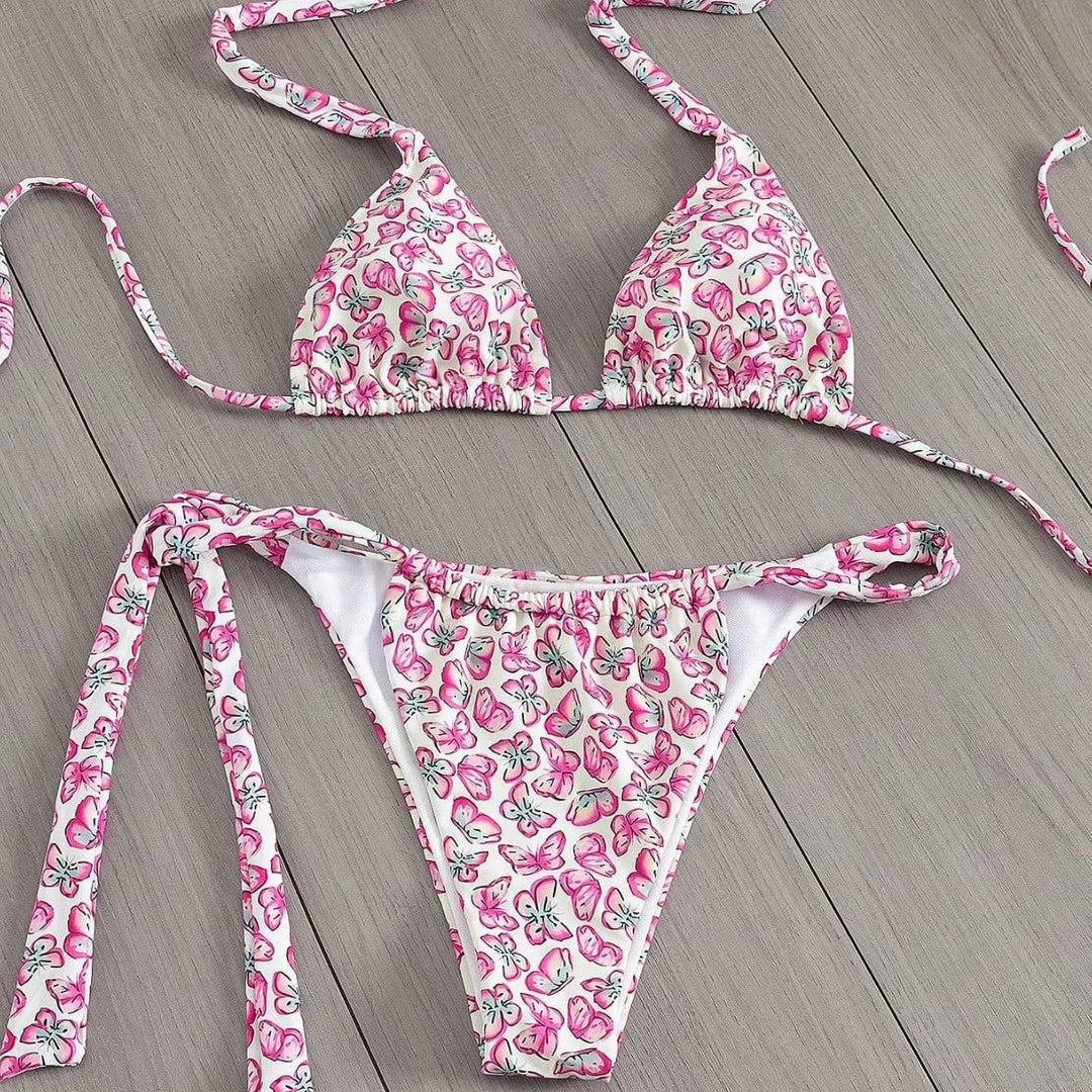 Damen Floral Triangel-Bikini mit seitlichen Bindebändern EB