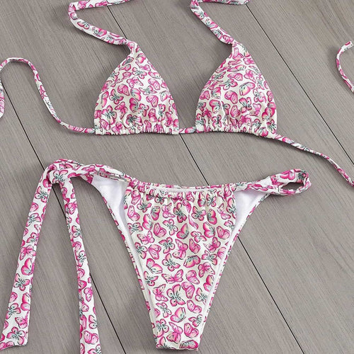 Damen Floral Triangel-Bikini mit seitlichen Bindebändern EB