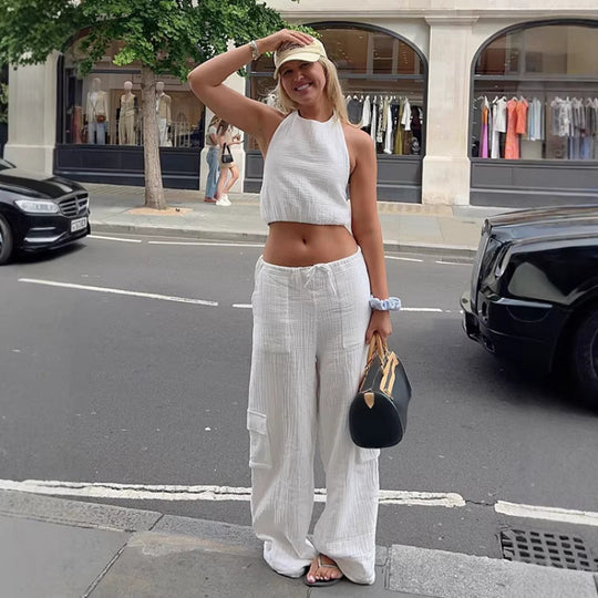 Damen lässiges Set aus Crop-Top und weit geschnittenen Hosen EB