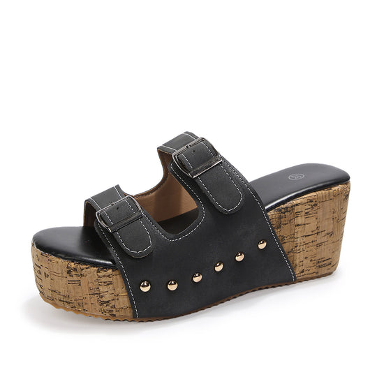 Damen Wedge-Pantoletten mit verstellbaren Schnallen und komfortablem Korkfußbett EB