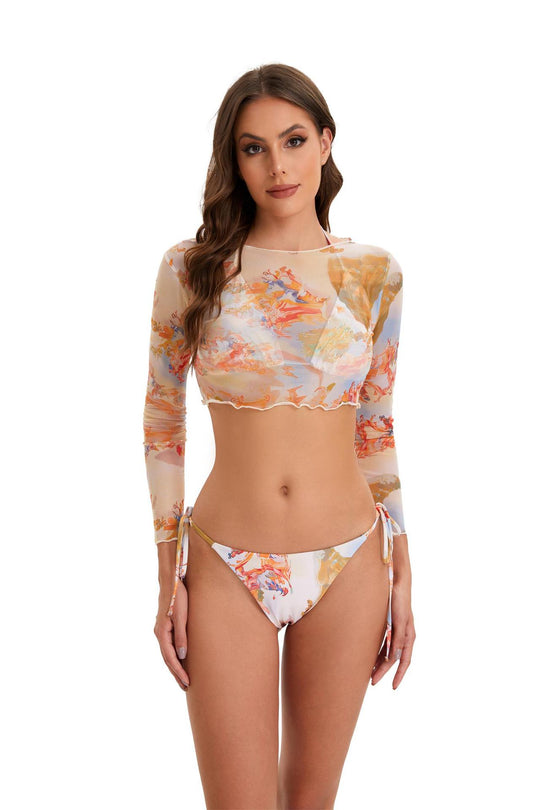 Damen Bikini-Set mit langärmeligem Crop-Top und floralem Design EB