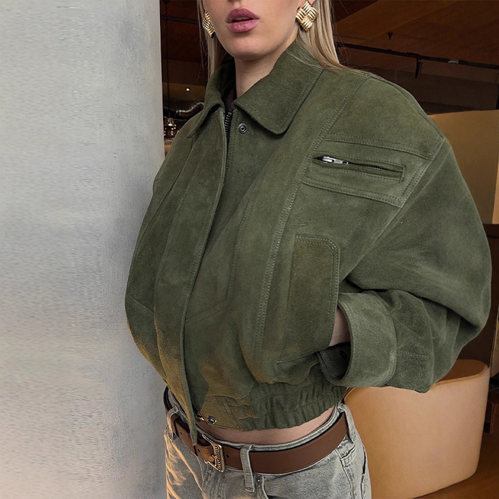 Damen Modische Wildlederjacke im cropped Stil mit praktischen Taschen EB