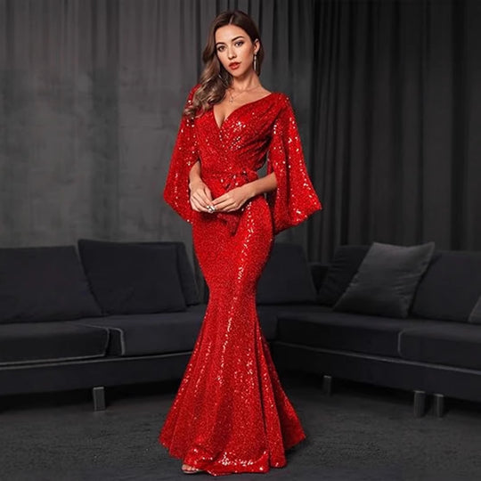 Damen Glamouröses Pailletten-Abendkleid mit tiefem V-Ausschnitt und fließendem Rock EB