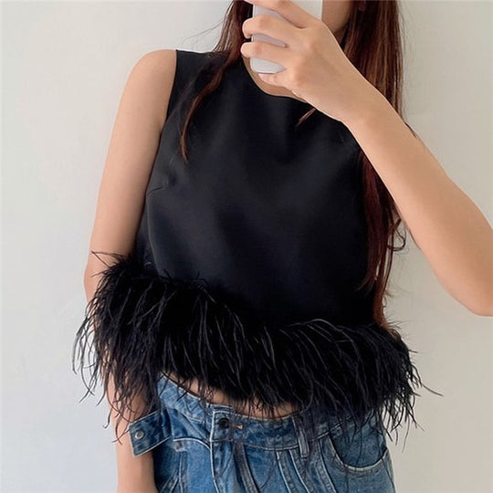 Damen Elegantes Top mit Federn und Rundhalsausschnitt EB