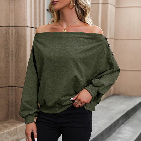 Damen lässiges Off-Shoulder Sweatshirt mit dekorativen Knöpfen EB