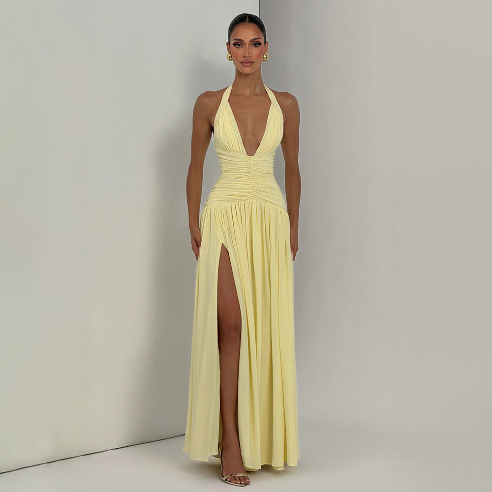 Damen Maxikleid mit tiefem V-Ausschnitt und figurbetonter Raffung EB