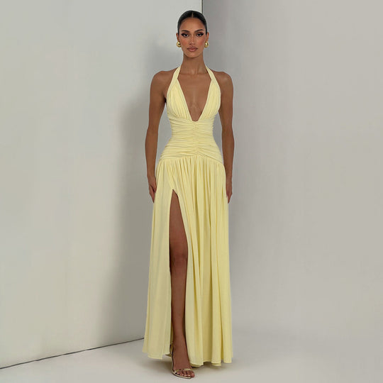 Damen Maxikleid mit tiefem V-Ausschnitt und figurbetonter Raffung EB