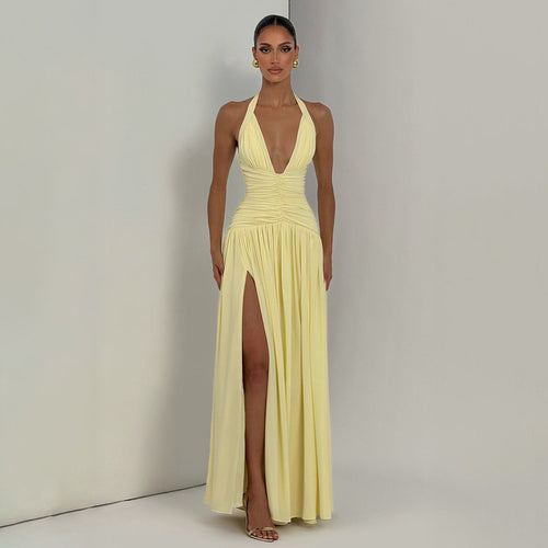 Damen Maxikleid mit tiefem V-Ausschnitt und figurbetonter Raffung EB