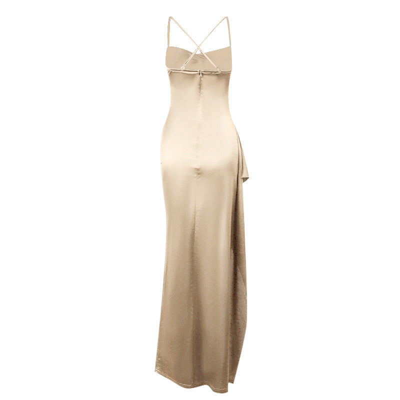 Damen elegantes Satin-Kleid mit tiefem Schlitz und verstellbaren Spaghetti-Trägern EB