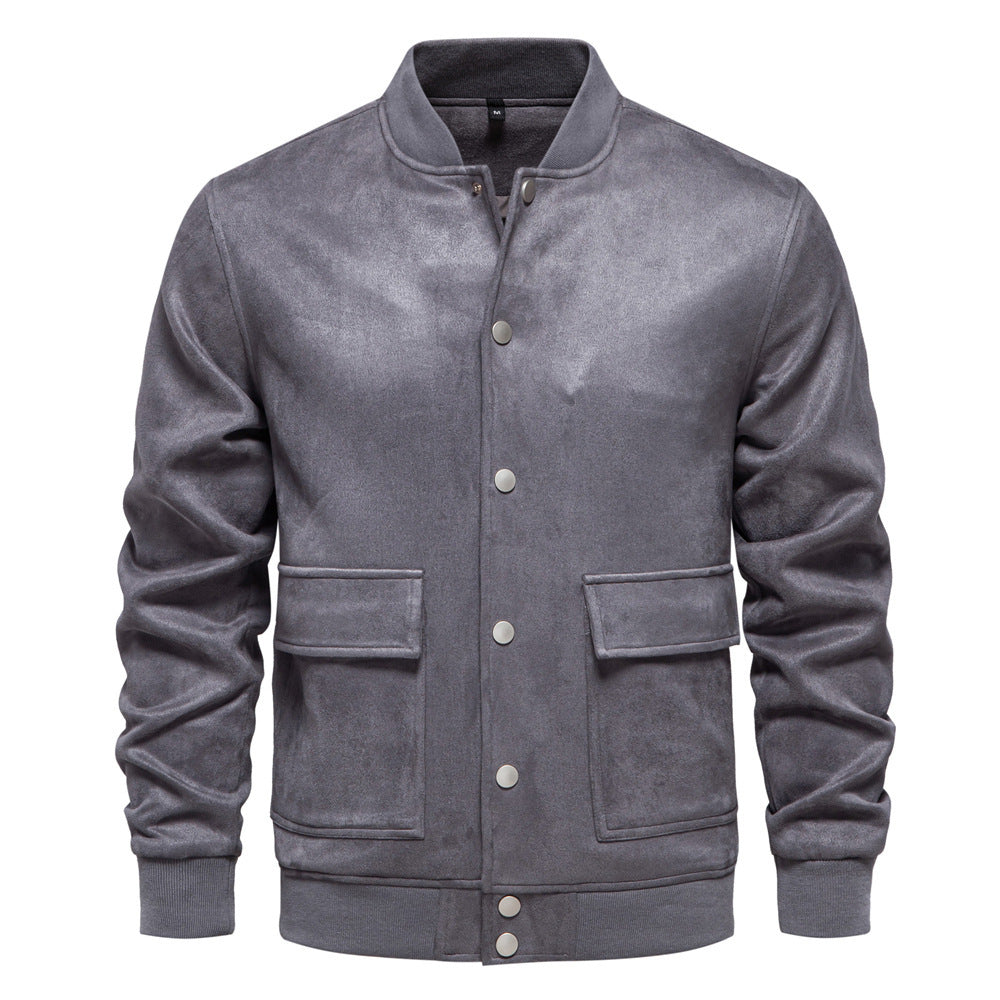 Herren nan Wildlederoptik-Collegejacke mit Druckknopfverschluss, Pattentaschen und geripptem Saum EB