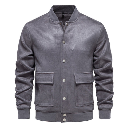 Herren nan Wildlederoptik-Collegejacke mit Druckknopfverschluss, Pattentaschen und geripptem Saum EB