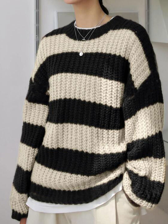 Damen modischer Strickpullover mit breiten Streifen und lockerer Passform EB