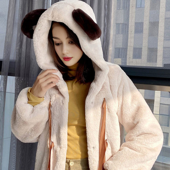 Damen Kuschelige Kunstpelzjacke mit Kapuze und Schleifendetails EB