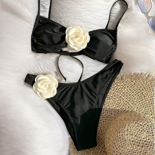 Damen Bikini mit dekorativen Blumenapplikationen EB