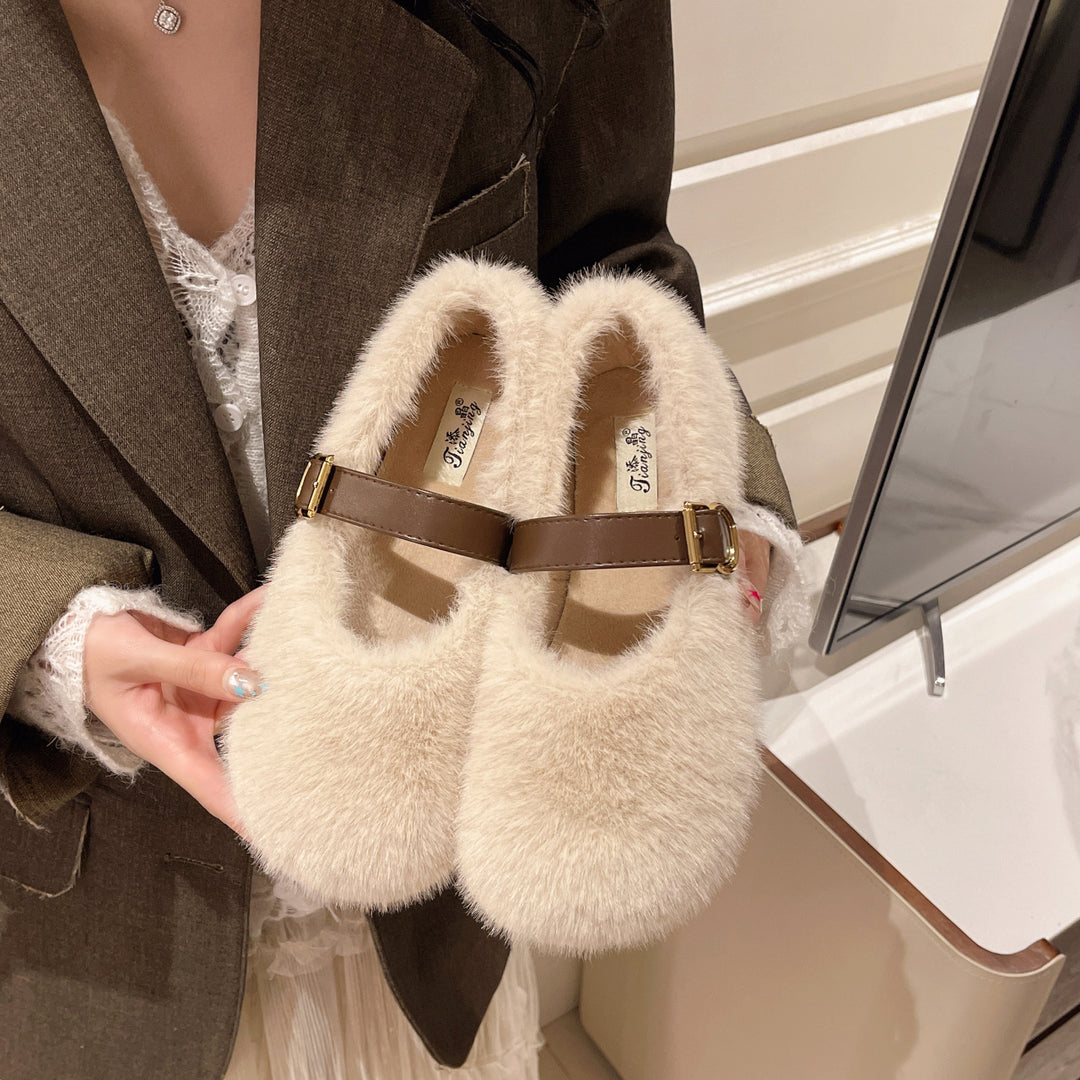Damen Flauschige Hausschuhe mit elegantem Schnallenverschluss EB
