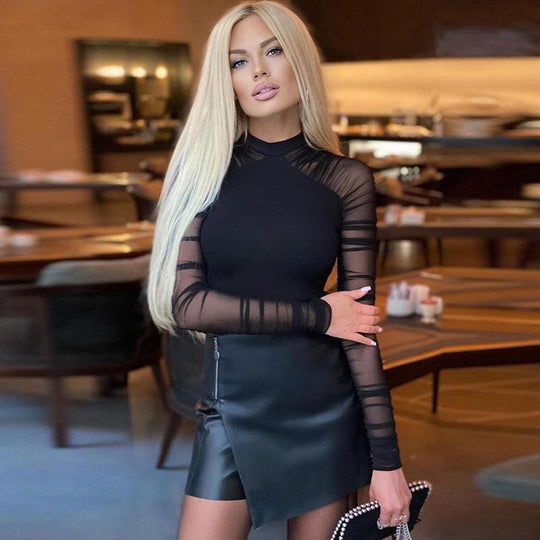 Damen Eleganter Langarm-Bodysuit mit transparenter Raffung EB