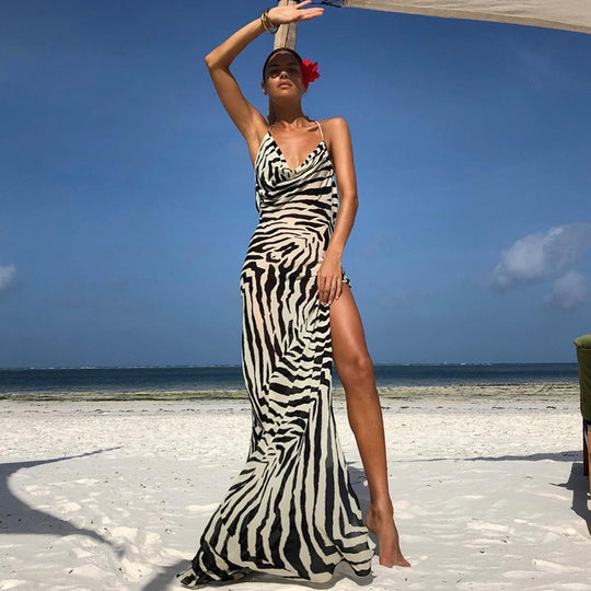Damen Maxi-Strandkleid mit elegantem Wasserfall-Ausschnitt und hohem Schlitz EB