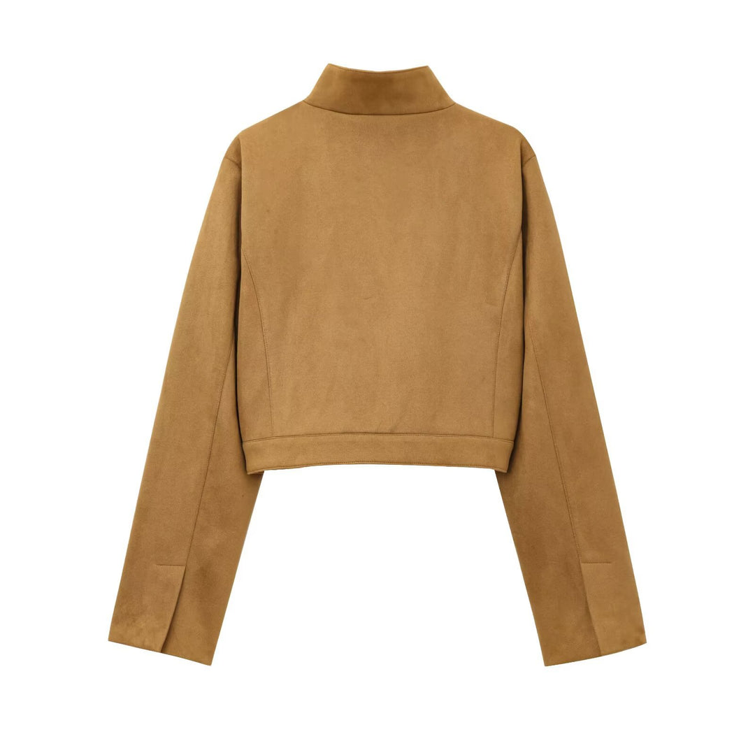 Damen kurze Kunstlederjacke mit elegantem Kragen und praktischen Taschen EB