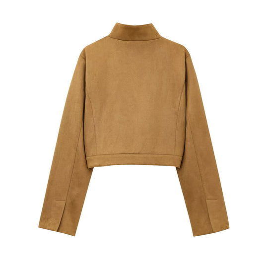 Damen kurze Kunstlederjacke mit elegantem Kragen und praktischen Taschen EB