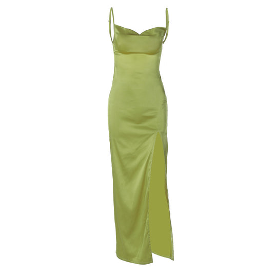 Damen Elegantes Maxikleid mit tiefem Spaghetti-Träger-Ausschnitt und seitlichem Schlitz EB