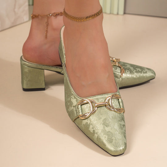 Damen elegante Slingback-Pantoletten mit hochwertiger Ledereinfassung und verziertem Blockabsatz EB