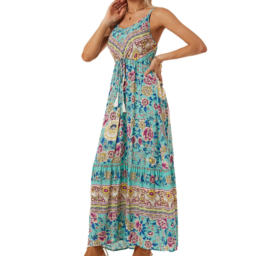 Damen Maxikleid mit elegantem floralem Motiv und verstellbarem Taillenzug EB