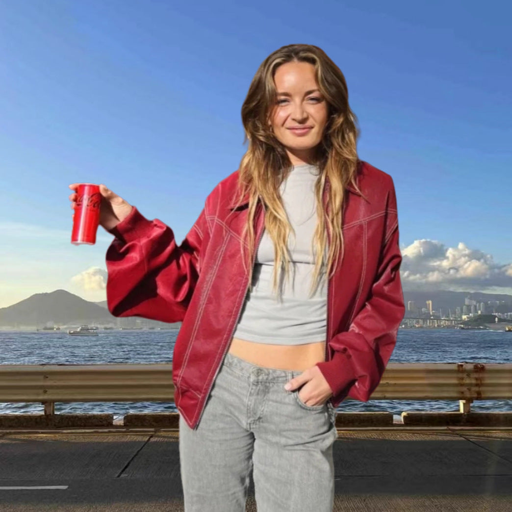 Damen Kunstlederjacke mit praktischen Taschen und elastischem Bund EB