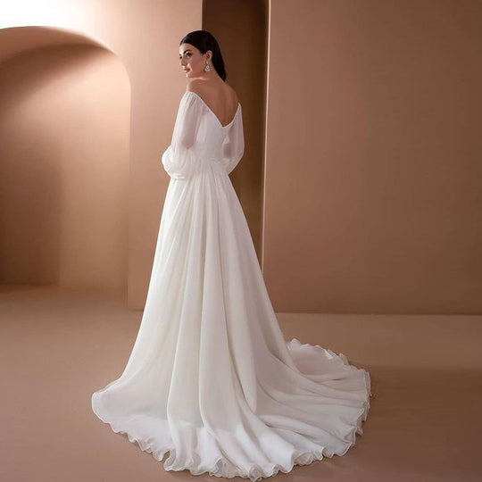Romantisches Off-Shoulder Langarm Weißes Brautkleid für Hochzeit | EB