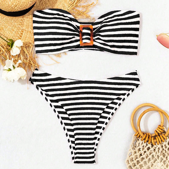 Damen Bandeau-Bikini mit modischem Knotendesign und hochgeschnittenem Höschen EB