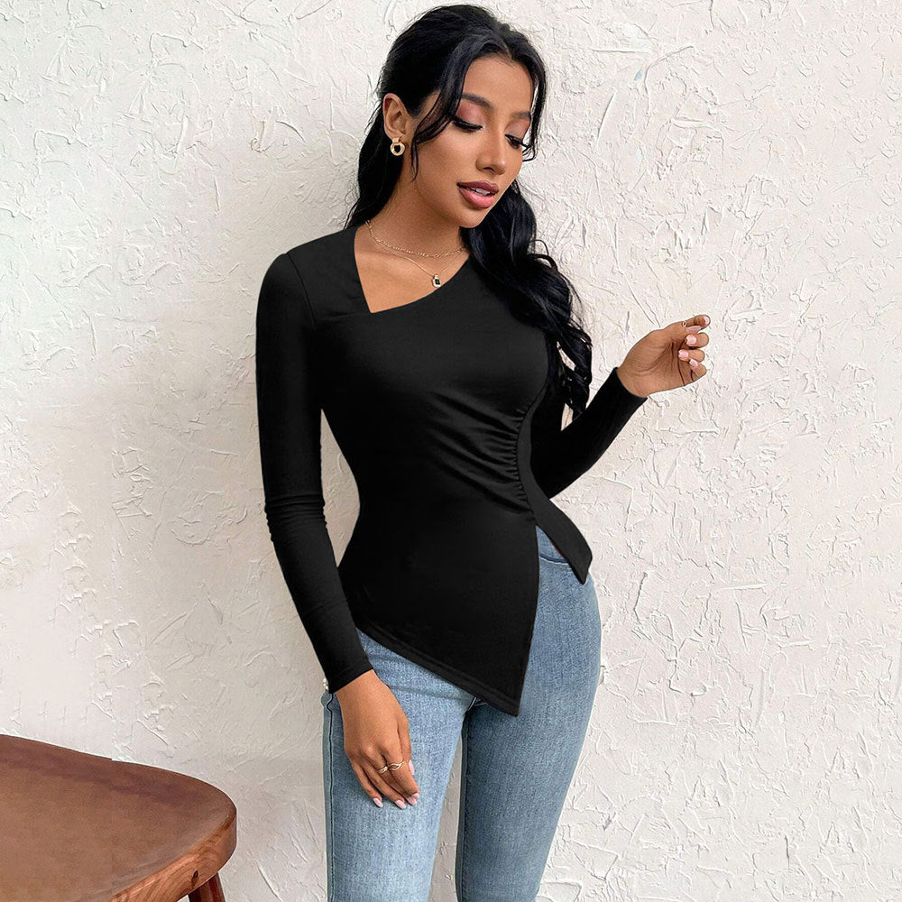 Damen asymmetrisches Langarm-Shirt mit diagonalem Cut-Out, taillierter Seitenraffung und spitz zulaufendem Zipfel-Saum Eichborn Berlin