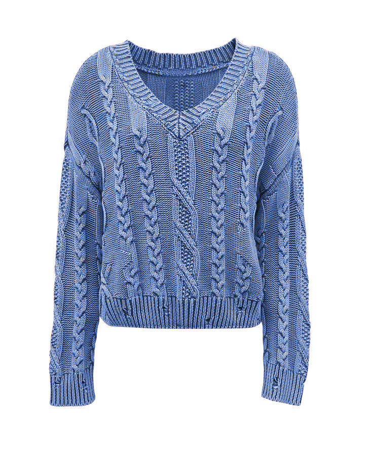 Damen Grob gestrickter Pullover mit V-Ausschnitt und voluminösen Ärmeln EB