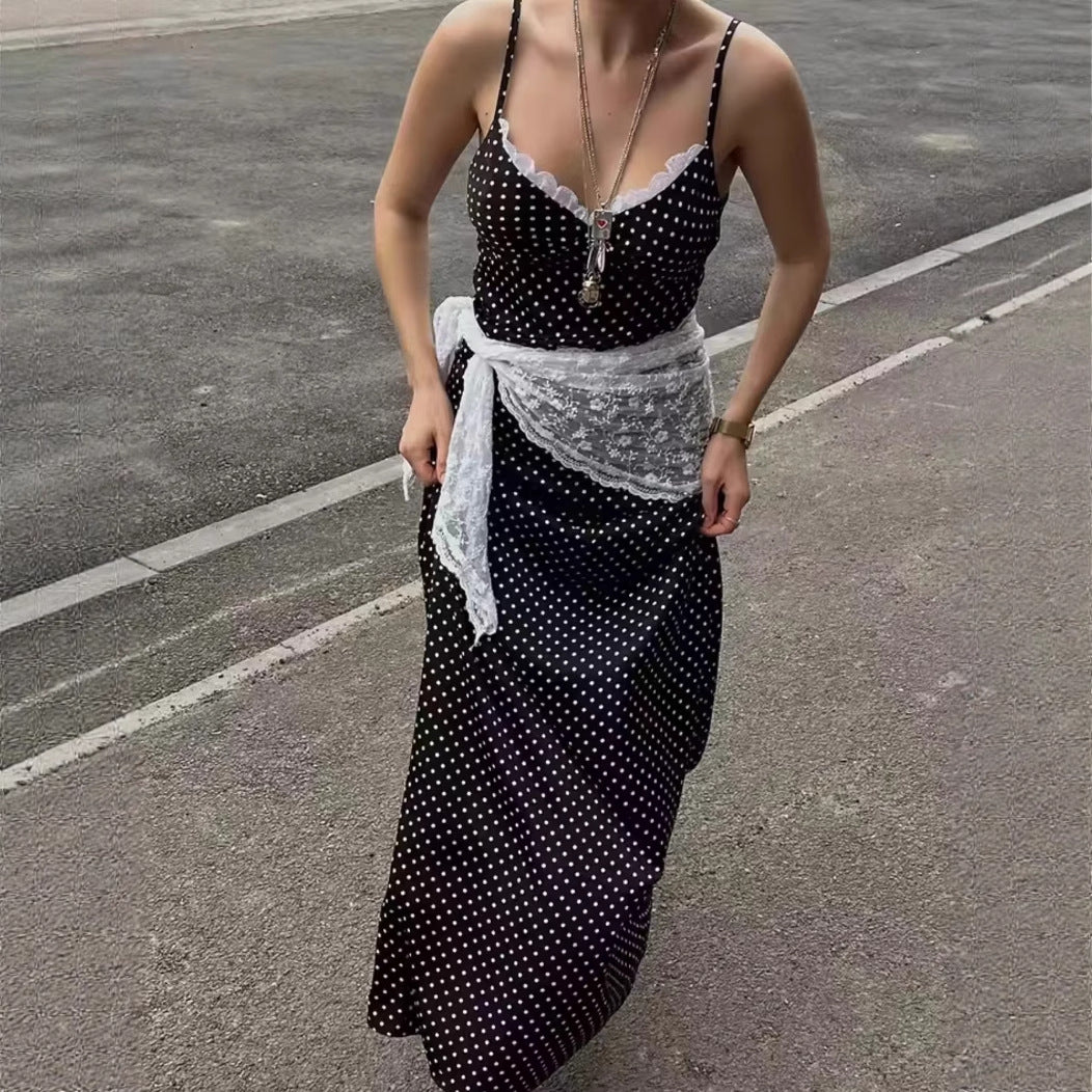 Damen Maxikleid mit Punkten und eleganter Spitzenverzierung EB