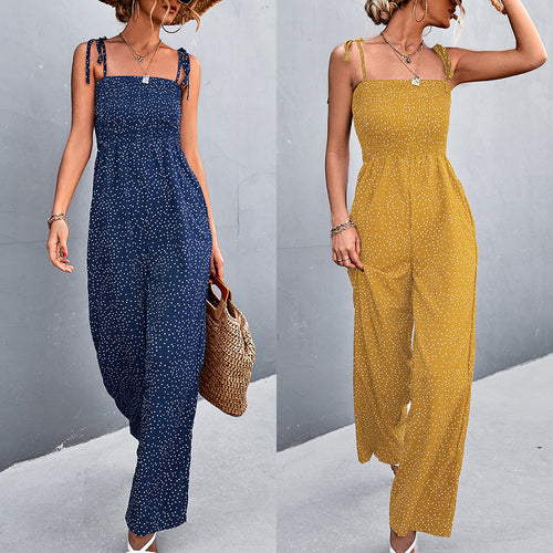 Damen luftiger Jumpsuit mit Spaghetti-Trägern und verspieltem Punktemuster EB