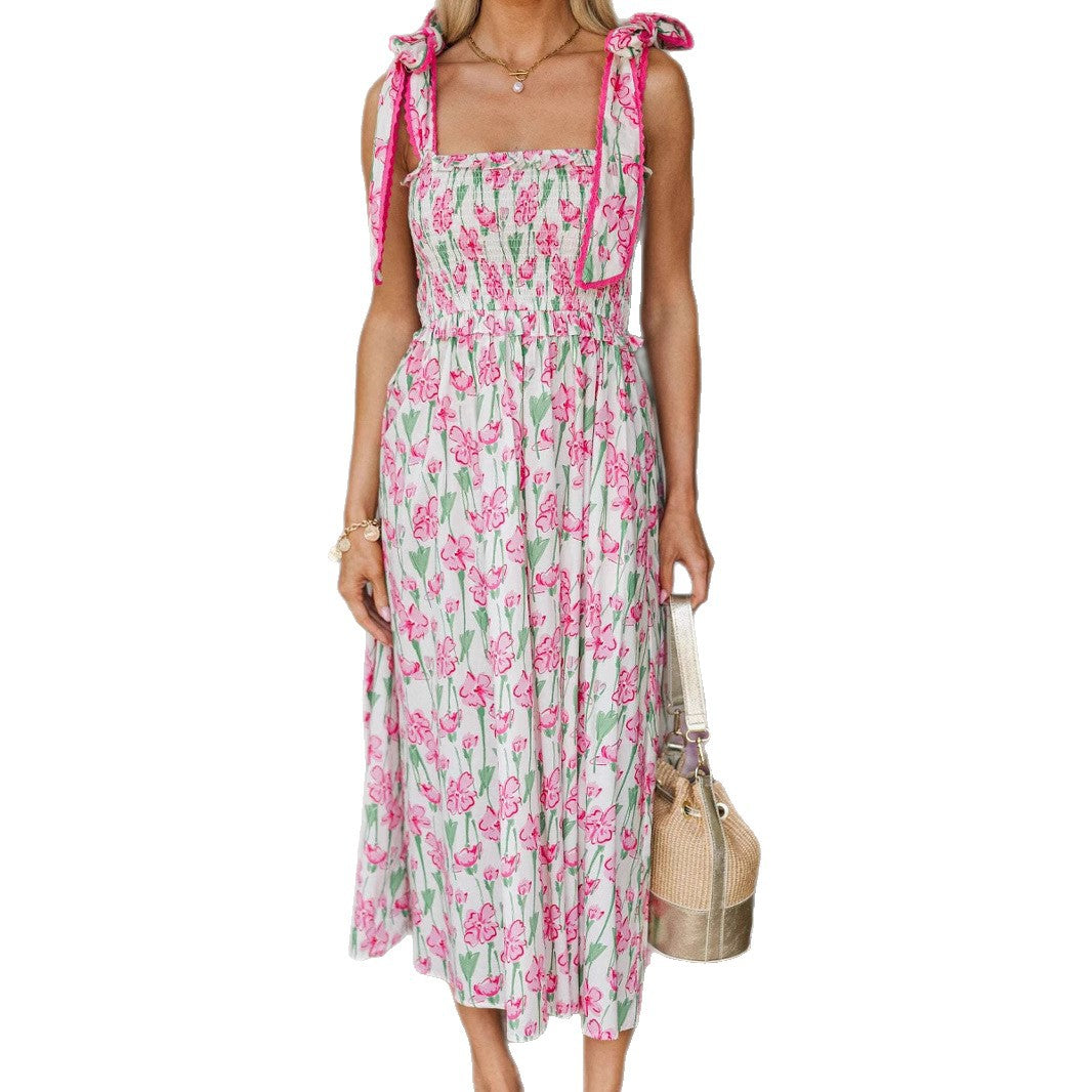 Damen Sommerkleid mit Raffung und schulterlangen Bindebändern EB