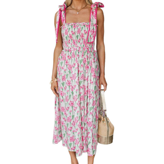 Damen Sommerkleid mit Raffung und schulterlangen Bindebändern EB