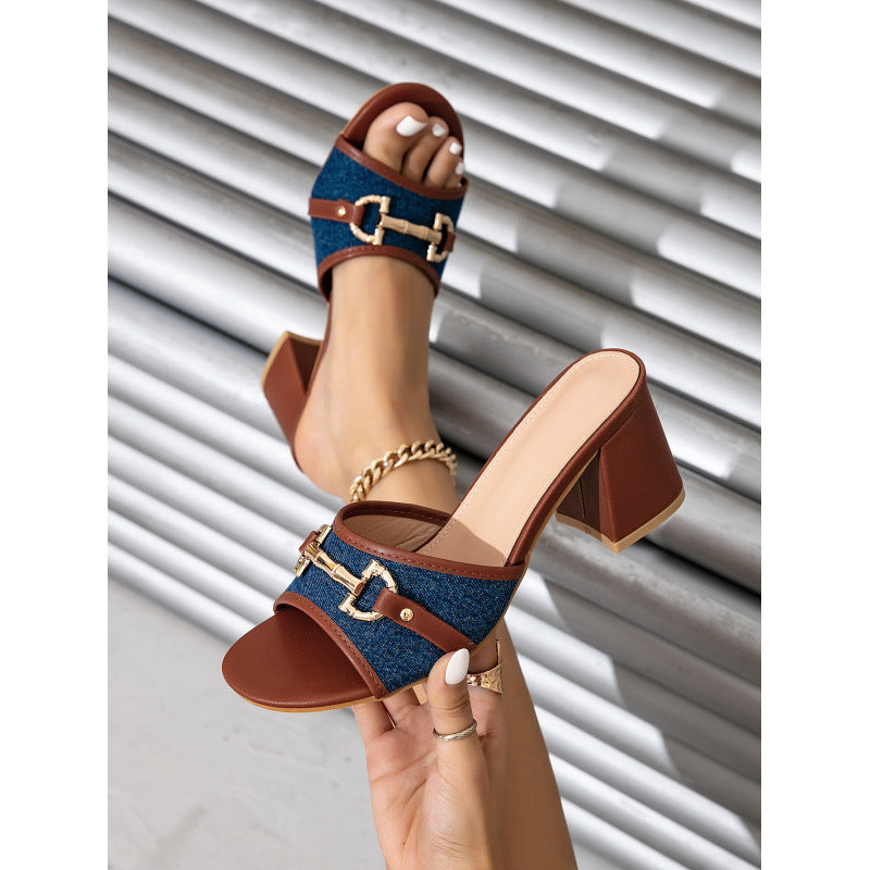 Damen modische Slipper mit eleganten Ketten- und Denim-Details EB