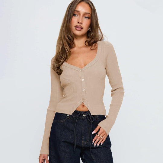Damen Elegantes Ripp-Cardigan mit V-Ausschnitt und Knopfleiste EB