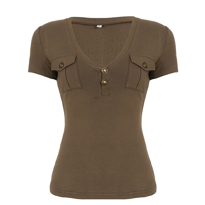 Damen Kurzarmshirt mit Knopfdetails und seitlichen Taschen EB