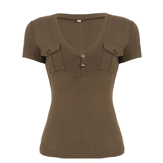 Damen Kurzarmshirt mit Knopfdetails und seitlichen Taschen EB
