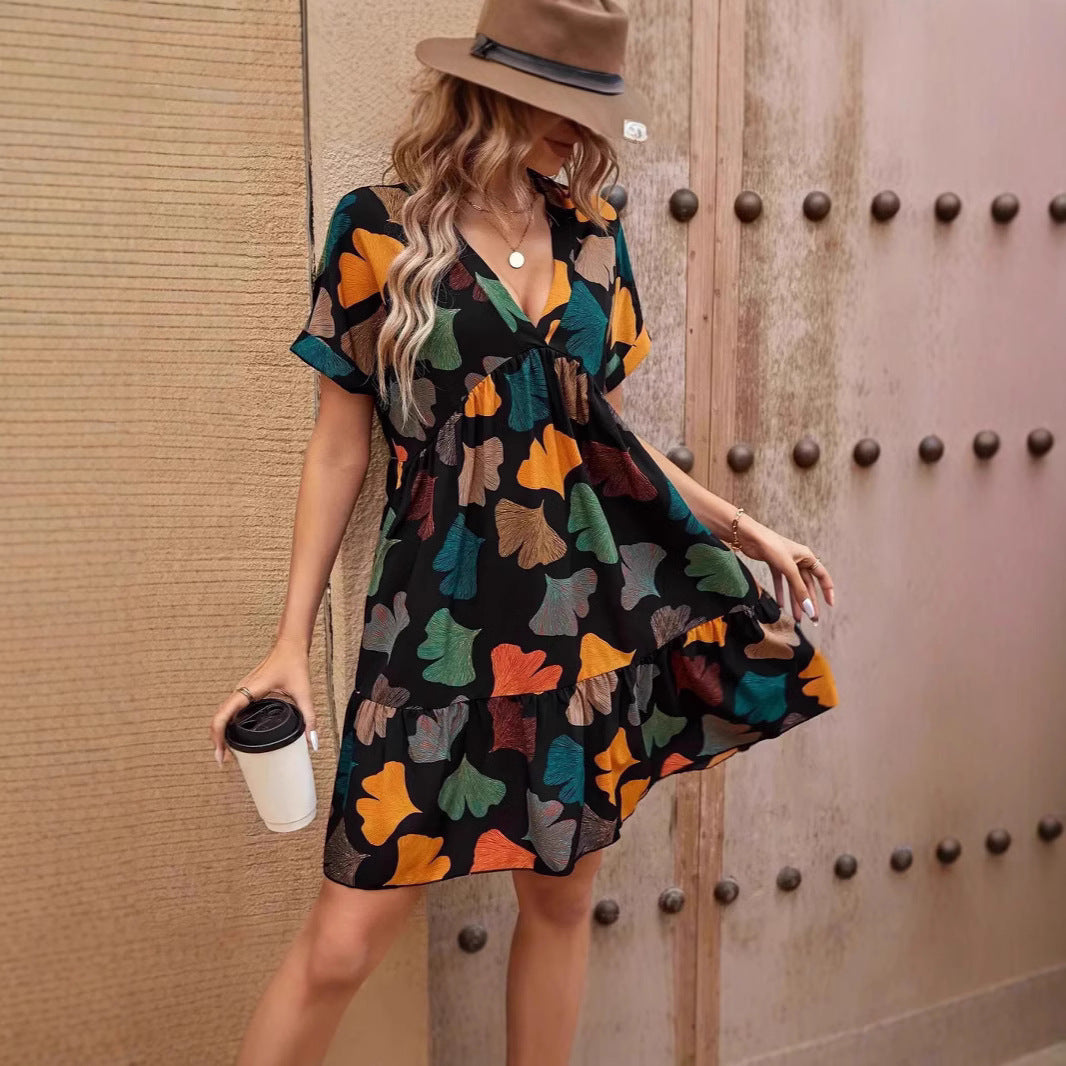 Damen lässiges Freizeitkleid im Boho-Stil mit voluminösem Rock und elastischem Tailleneinsatz EB