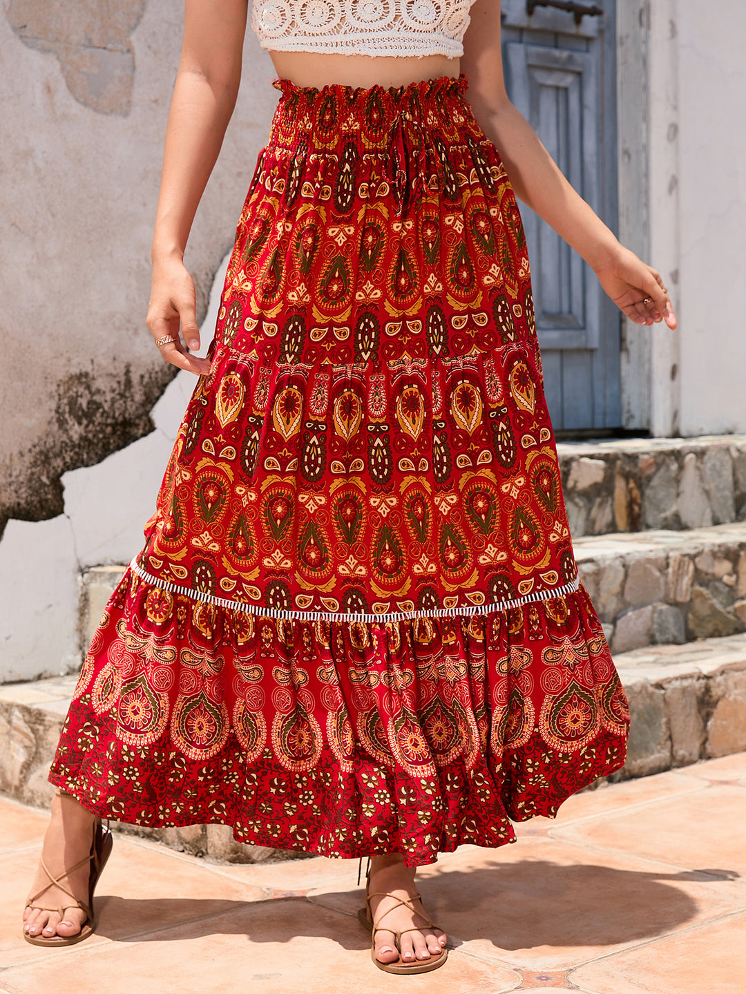 Damen Maxirock mit verspieltem Paisleymuster und Rüschendetails EB