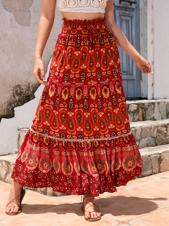 Damen Maxirock mit verspieltem Paisleymuster und Rüschendetails EB
