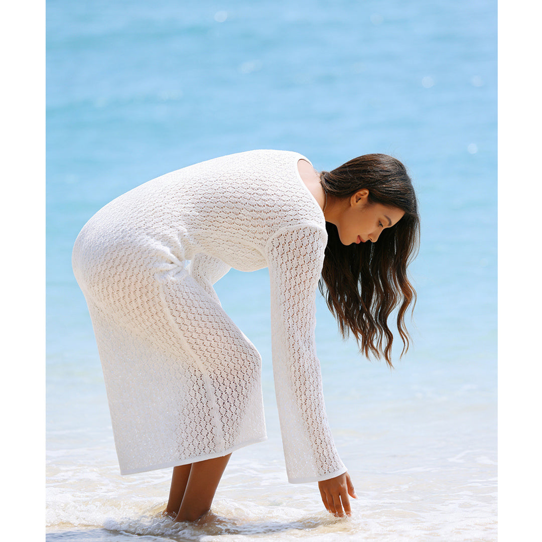 Damen Häkel-Strandkleid mit raffiniertem Keyhole-Ausschnitt und langen Ärmeln EB