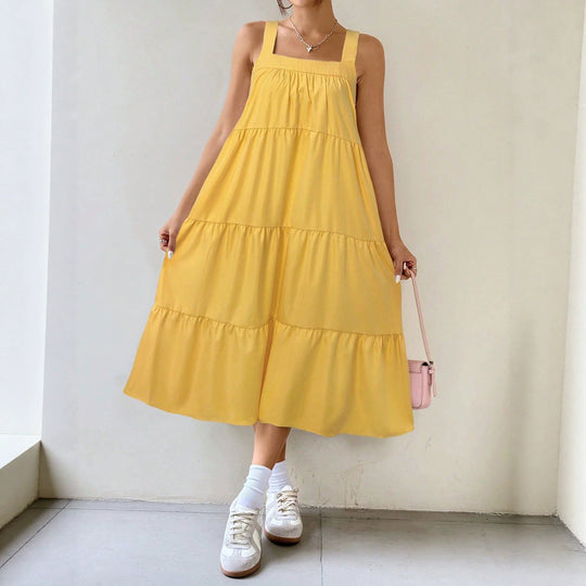 Damen luftiges Maxikleid mit Rüschendetails und seitlichem Schlitz EB