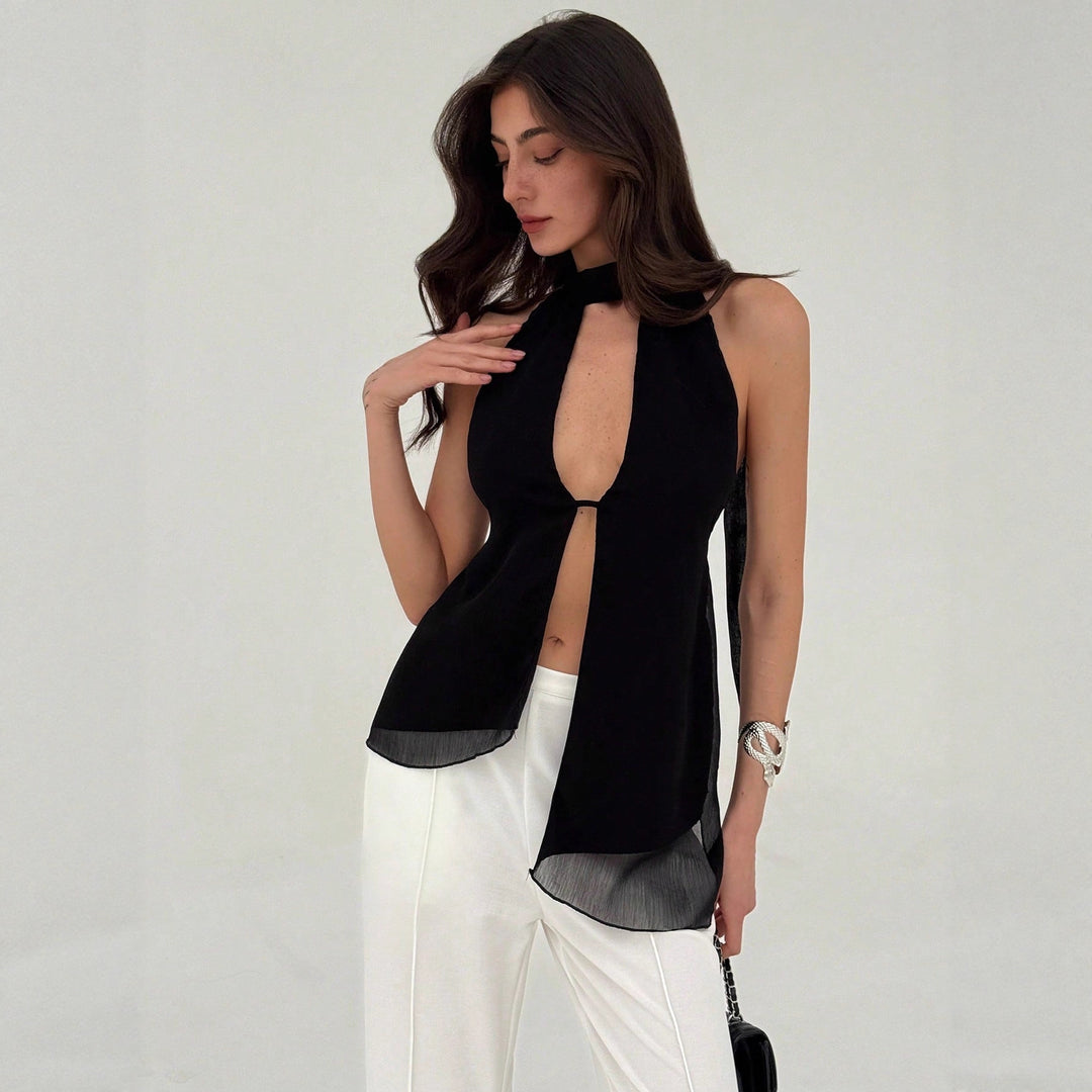 Damen elegantes Oberteil mit tiefem V-Ausschnitt und schmaler Taillenpartie EB