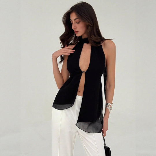 Damen elegantes Oberteil mit tiefem V-Ausschnitt und schmaler Taillenpartie EB