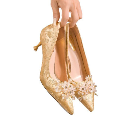 Damen elegante Stiletto-Pumps mit floraler Strass-Applikation EB