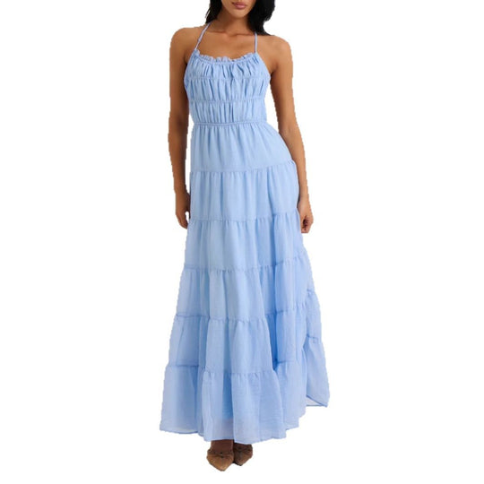 Damen luftiges Maxikleid mit Rüschendetails und elastischem Taillenbund EB