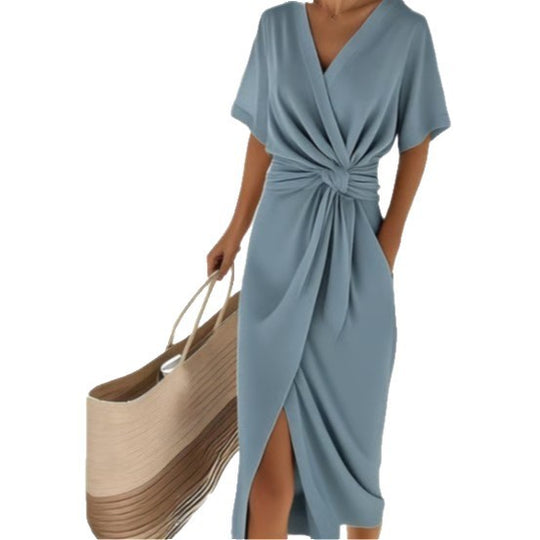 Damen Wickelkleid mit eleganter Drapierung und Seitenschlitz EB
